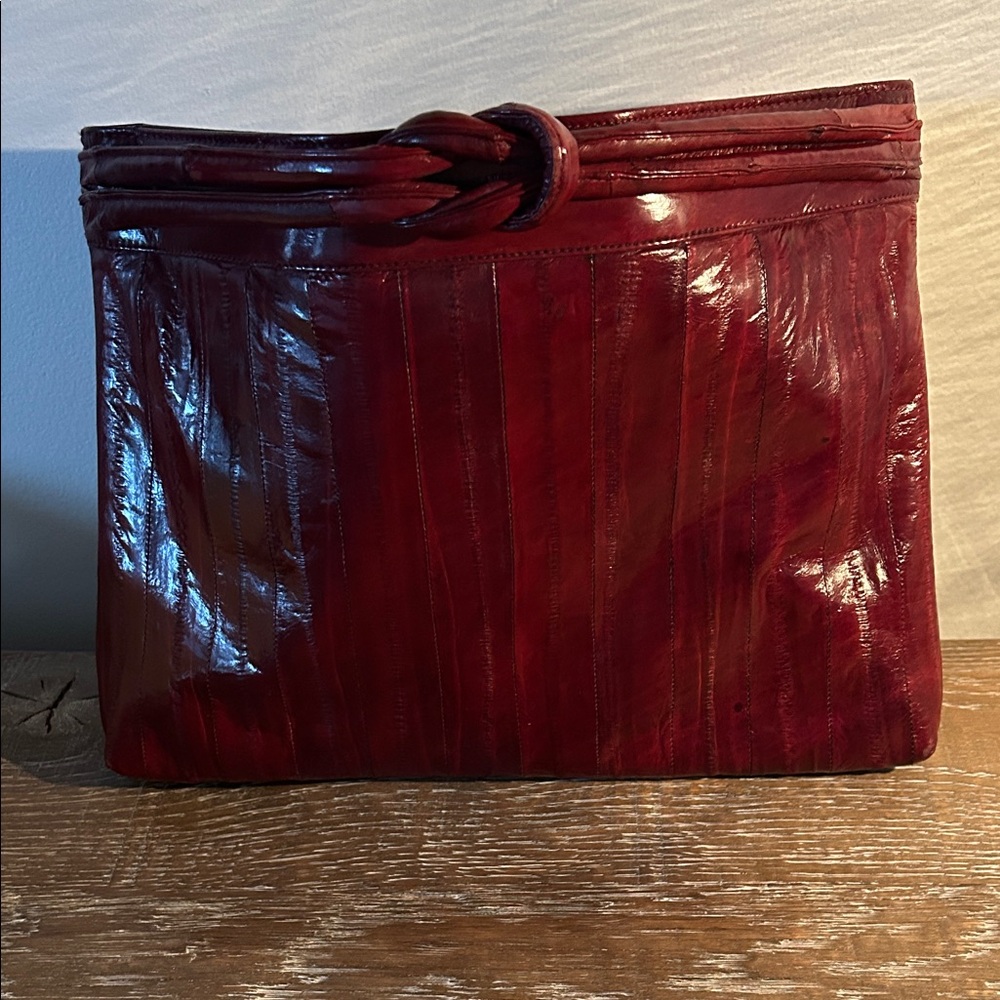 Vintage, genuine, eel, skin Red Leather Clutch with strap, beautiful
